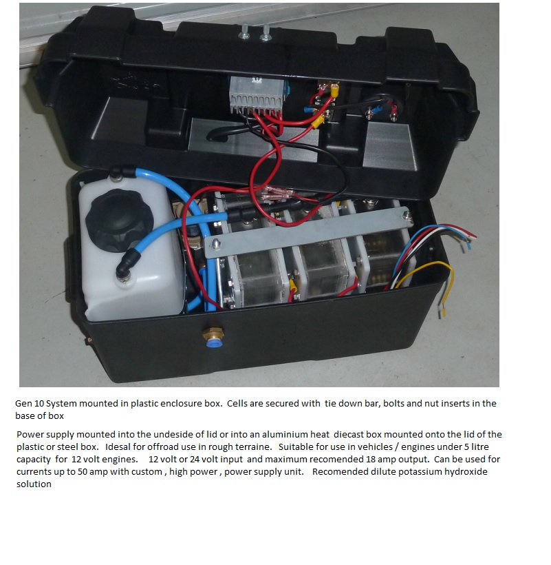 Gen 10 Hydrogen generator kit /nit in plastic box 41cm x 21 cm x 33 cm high 2018--- 2.8LPM output at 12 colt and 30 amp - ideal for family vehicles and smaller work vehicles up to 4.5 littre engine capavity call gavan 0403177183